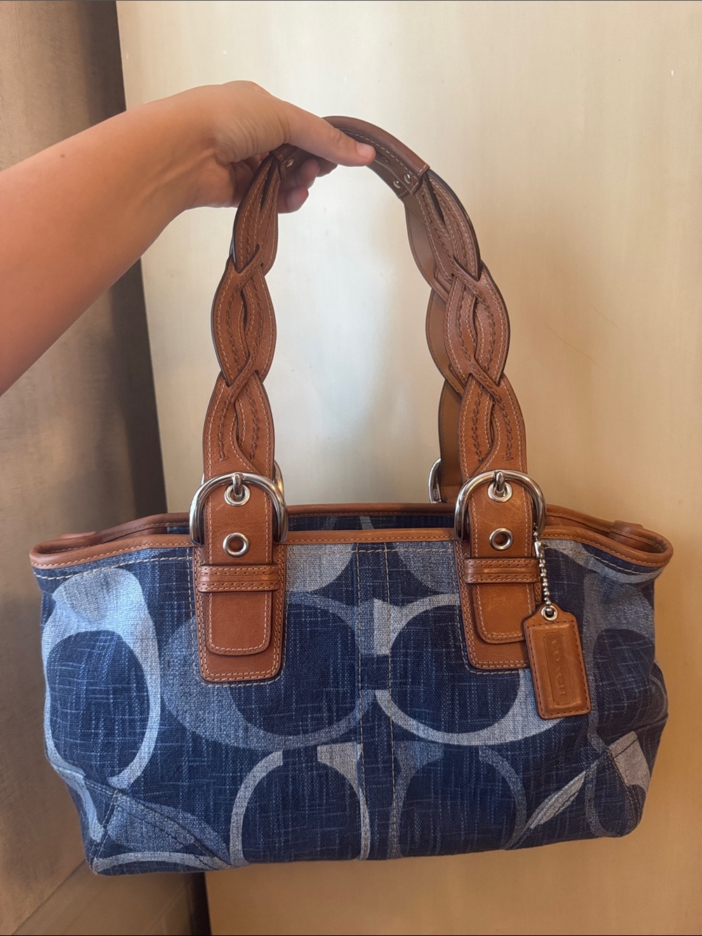 Coach Blue Denim Signature Tote with Brown Leather Trim